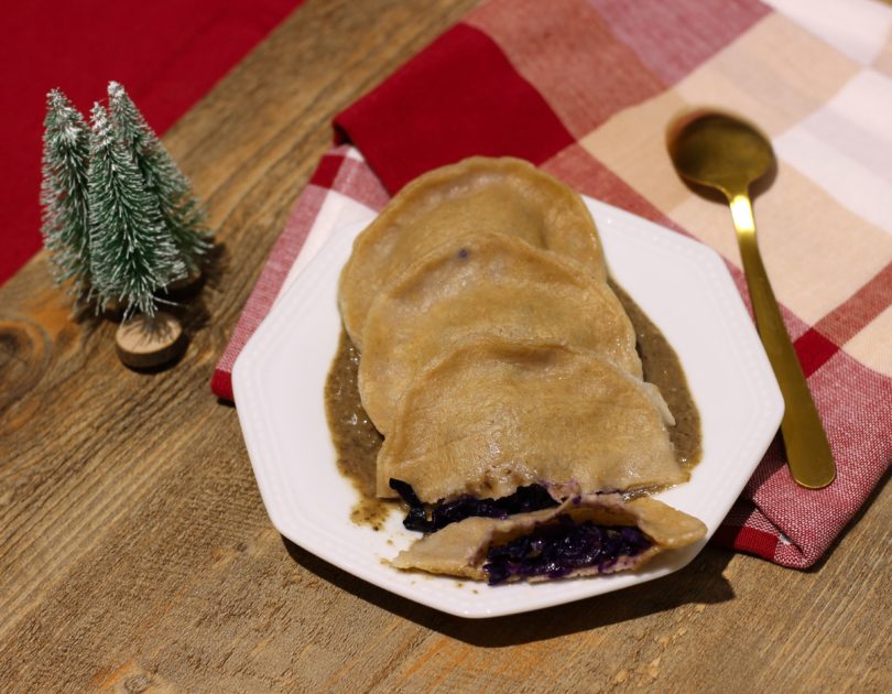 Ravioles végétales aux endives et chou rouge caramélisés